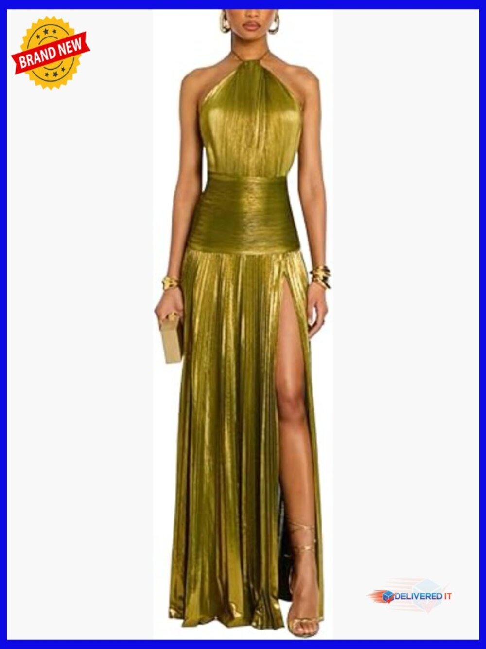 Sleeveless Halter Backless Pleated Calf-Length Party Dress Form-Fitting